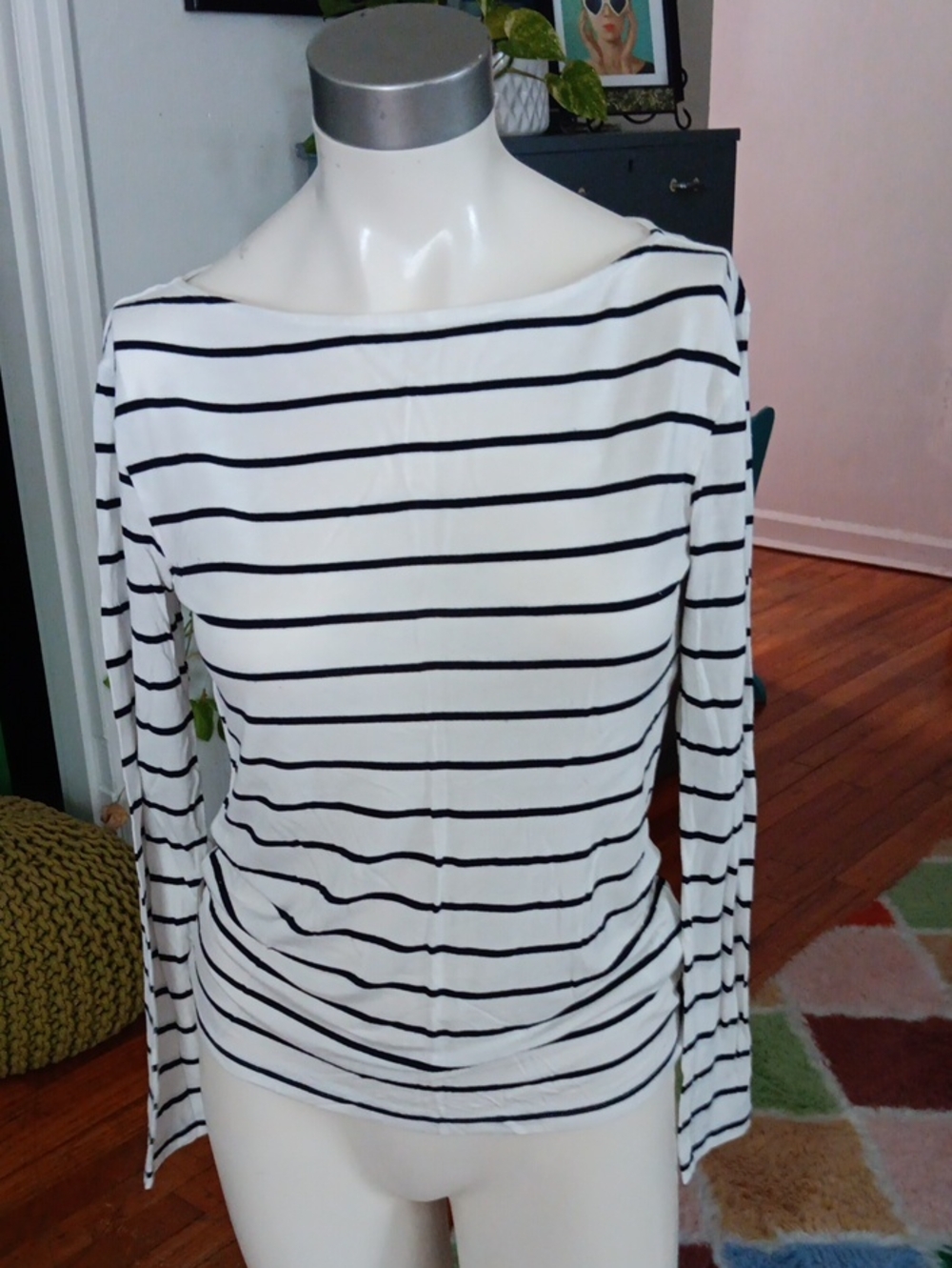 H&M White Long-Sleeve Boatneck Top with Black Stripes